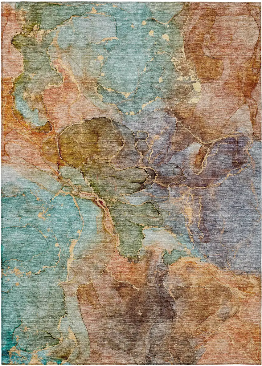 Copper Orange And Teal Blue Abstract Washable Indoor Outdoor Area Rug Photo 2