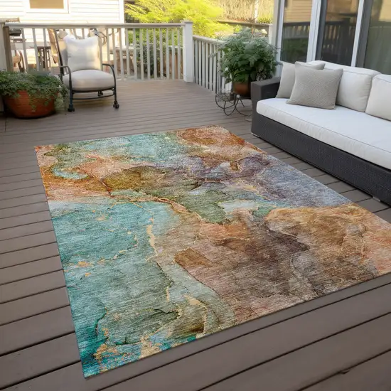Copper Orange And Teal Blue Abstract Washable Indoor Outdoor Area Rug Photo 8