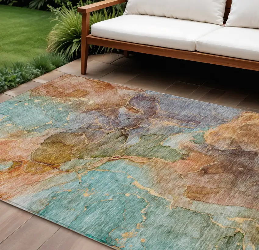 Copper Orange And Teal Blue Abstract Washable Indoor Outdoor Area Rug Photo 1