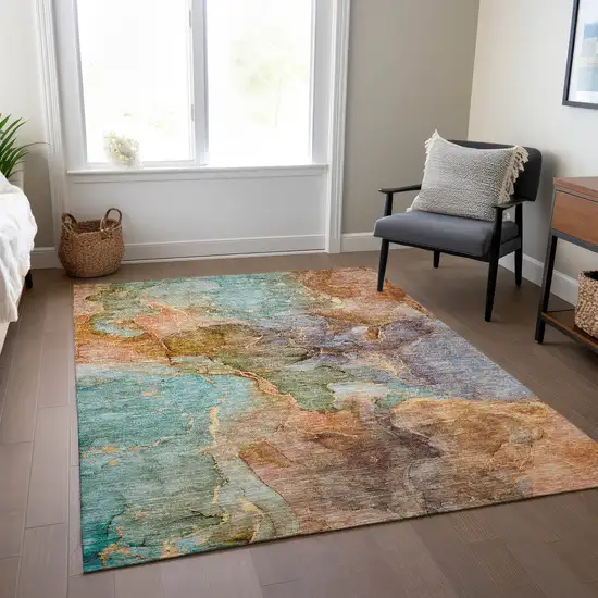 Copper Orange And Teal Blue Abstract Washable Indoor Outdoor Area Rug Photo 9