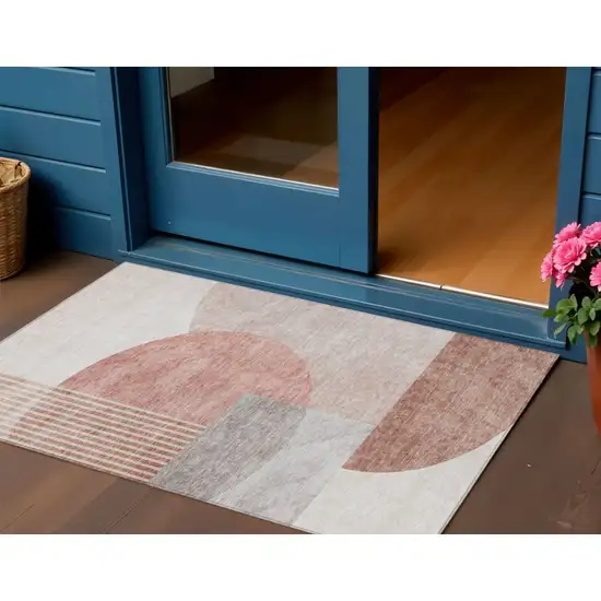 Copper Red And Gray Geometric Washable Indoor Outdoor Area Rug Photo 1