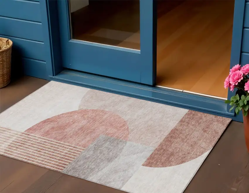 Copper Red And Gray Geometric Washable Indoor Outdoor Area Rug Photo 1