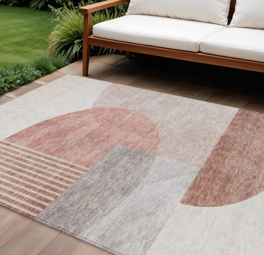 Copper Red And Gray Geometric Washable Indoor Outdoor Area Rug Photo 1