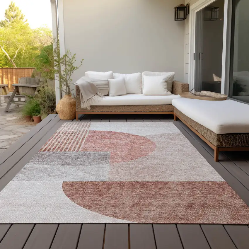 Copper Red And Gray Geometric Washable Indoor Outdoor Area Rug Photo 8
