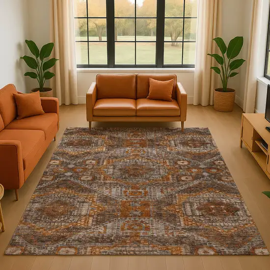 Copper Rust And Beige Abstract Geometric Washable Area Rug With UV Protection Photo 5