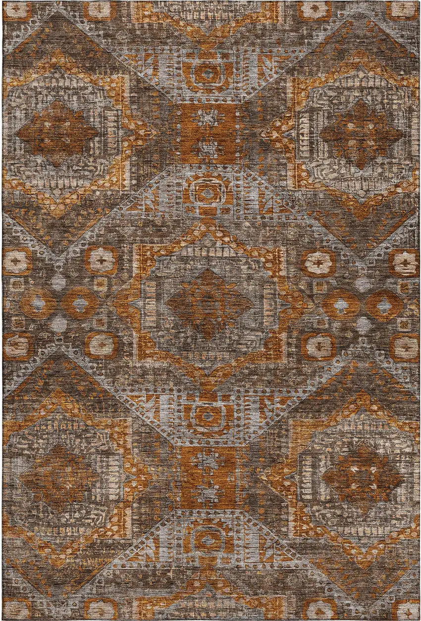 Copper Rust And Beige Abstract Geometric Washable Area Rug With UV Protection Photo 1