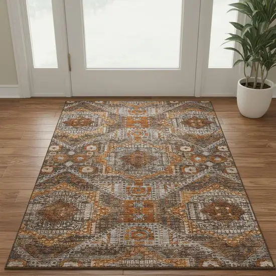 Copper Rust And Beige Abstract Geometric Washable Area Rug With UV Protection Photo 2