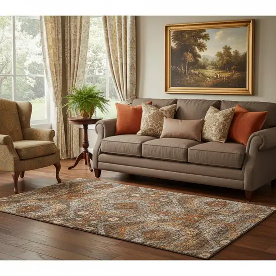 Copper Rust And Beige Abstract Geometric Washable Area Rug With UV Protection Photo 2