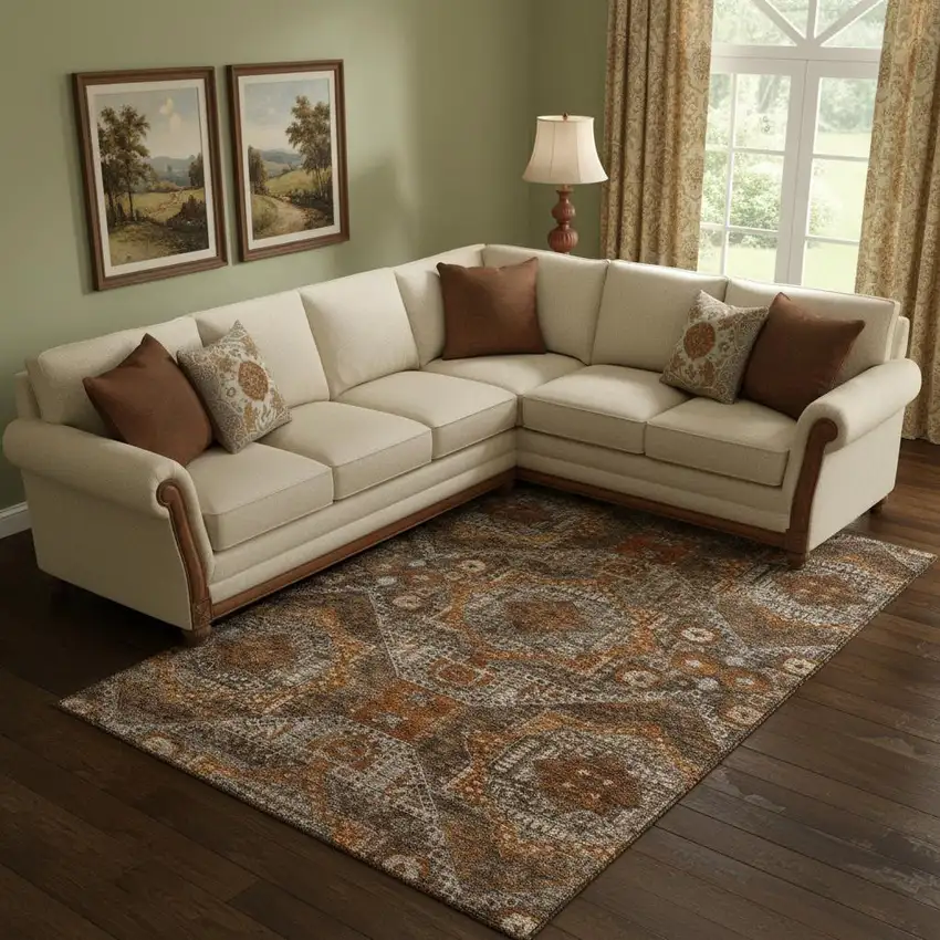 Copper Rust And Beige Abstract Geometric Washable Area Rug With UV Protection Photo 2