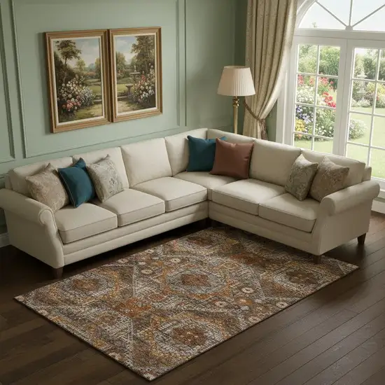 Copper Rust And Beige Abstract Geometric Washable Area Rug With UV Protection Photo 2