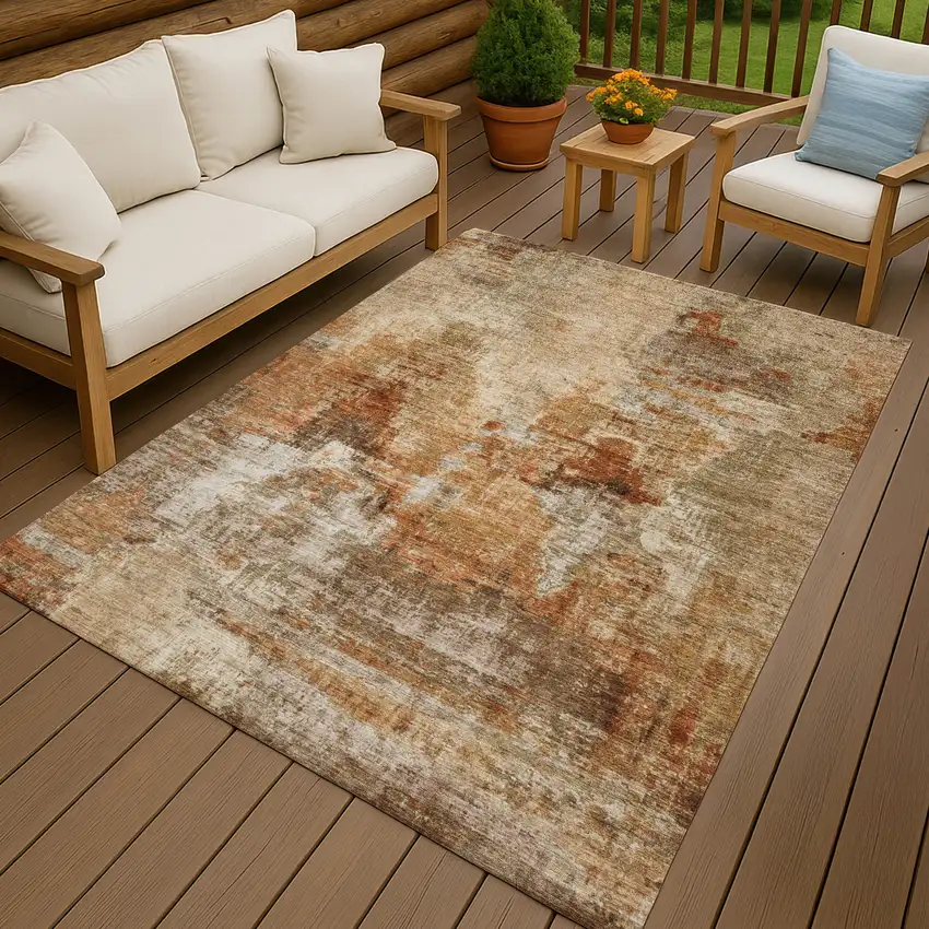 Copper Rust And Beige Abstract Washable Indoor Outdoor Area Rug Photo 9