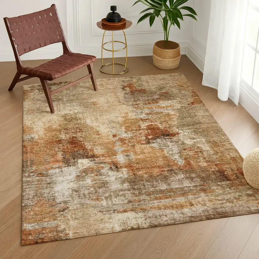 Copper Rust And Beige Abstract Washable Indoor Outdoor Area Rug Photo 9
