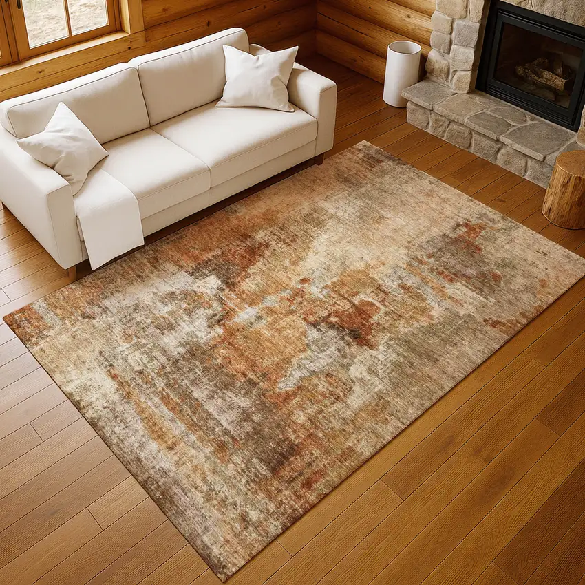 Copper Rust And Beige Abstract Washable Indoor Outdoor Area Rug Photo 8