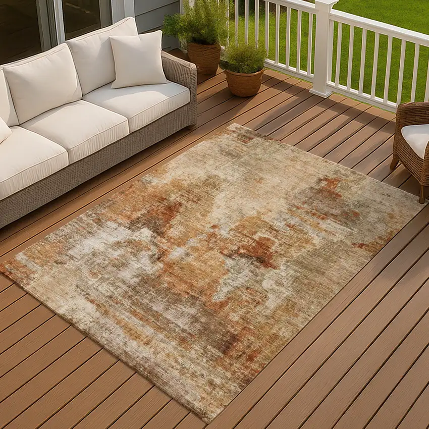 Copper Rust And Beige Abstract Washable Indoor Outdoor Area Rug Photo 7