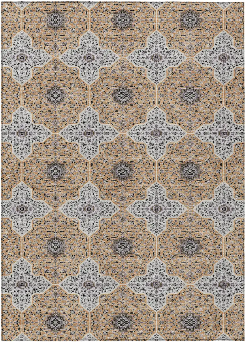 Copper Silver And Black Quatrefoil Washable Indoor Outdoor Area Rug Photo 1