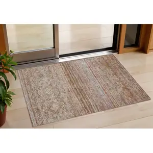 Photo of Copper Tan And Beige Floral Washable Indoor Outdoor Area Rug
