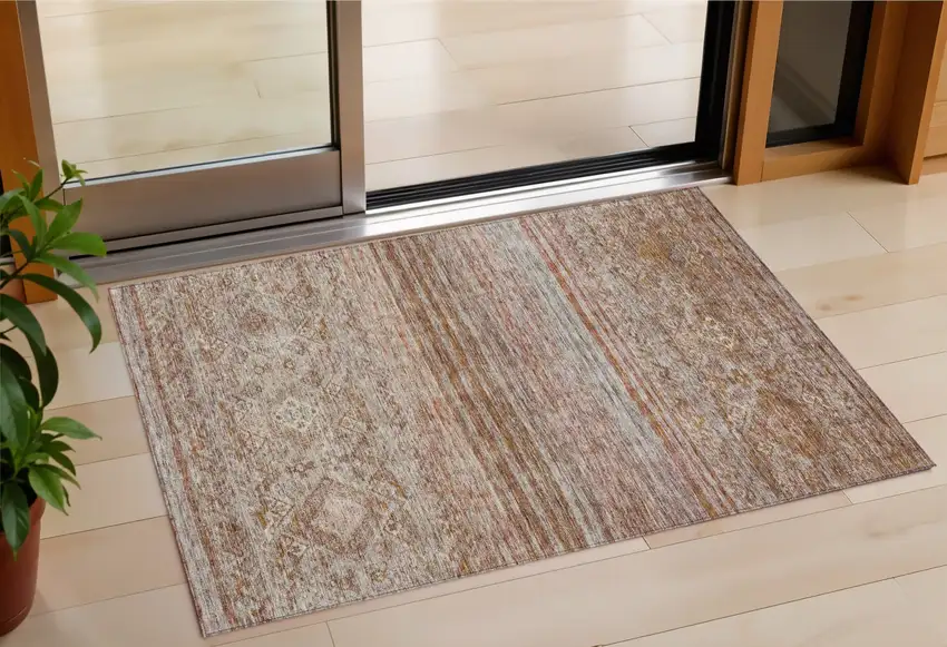 Copper Tan And Beige Floral Washable Indoor Outdoor Area Rug Photo 1