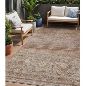 Photo of Copper Tan And Beige Floral Washable Indoor Outdoor Area Rug