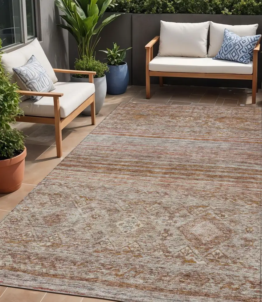 Copper Tan And Beige Floral Washable Indoor Outdoor Area Rug Photo 1