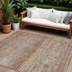 Photo of Copper Tan And Beige Floral Washable Indoor Outdoor Area Rug