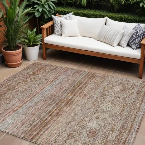Copper Tan And Beige Floral Washable Indoor Outdoor Area Rug Photo 1