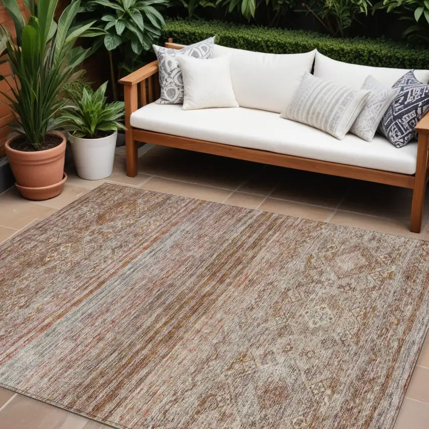 Copper Tan And Beige Floral Washable Indoor Outdoor Area Rug Photo 1