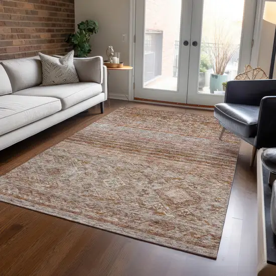 Copper Tan And Beige Floral Washable Indoor Outdoor Area Rug Photo 9