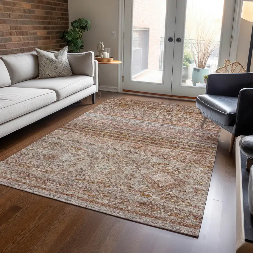 Copper Tan And Beige Floral Washable Indoor Outdoor Area Rug Photo 9