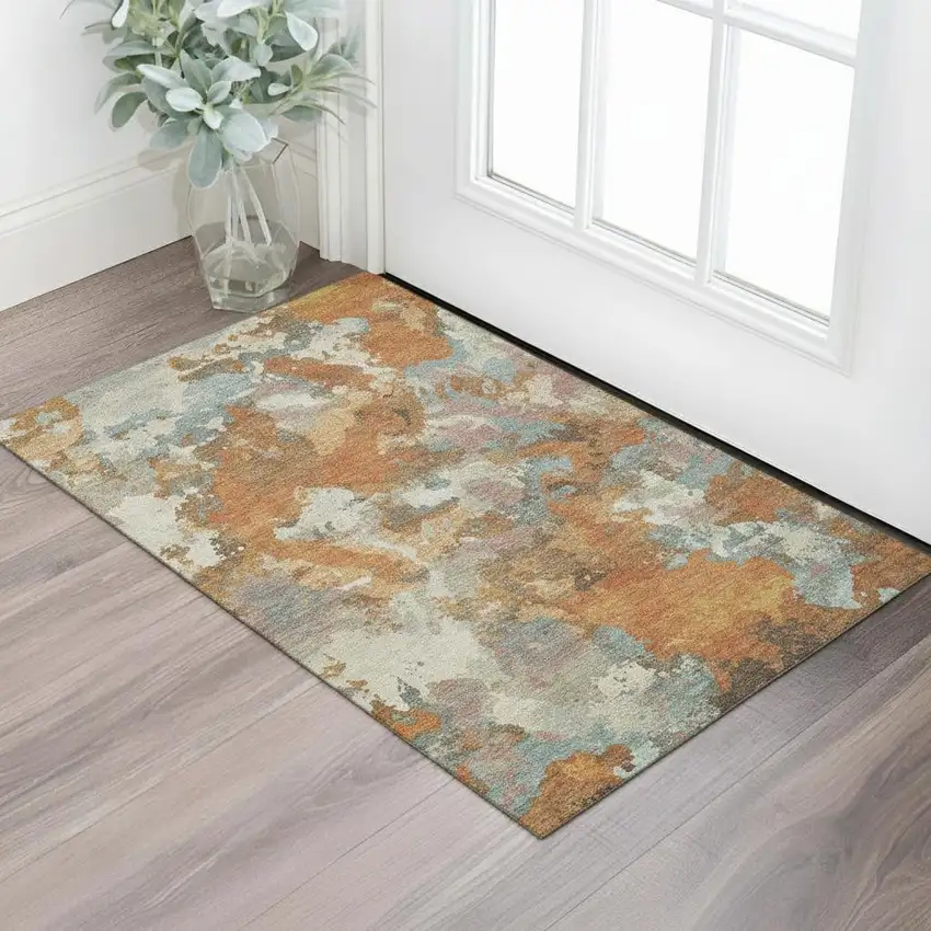 Copper Taupe And Orange Abstract Washable Area Rug With UV Protection Photo 2