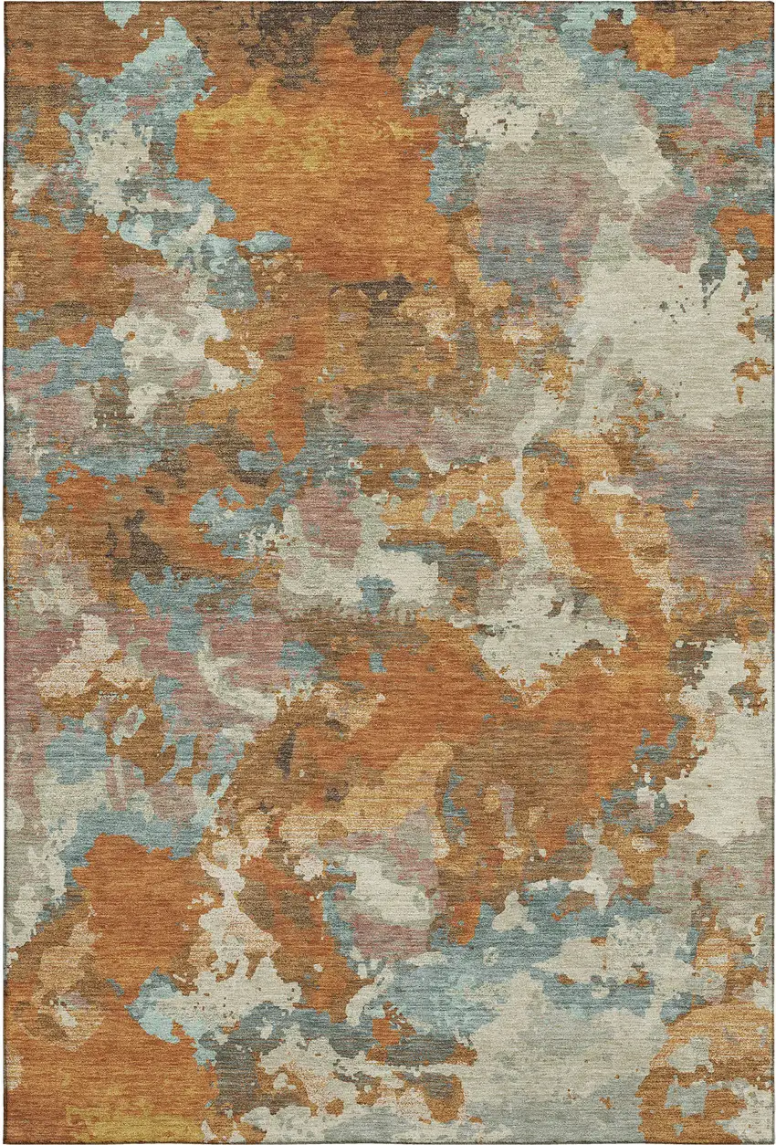 Copper Taupe And Orange Abstract Washable Area Rug With UV Protection Photo 1