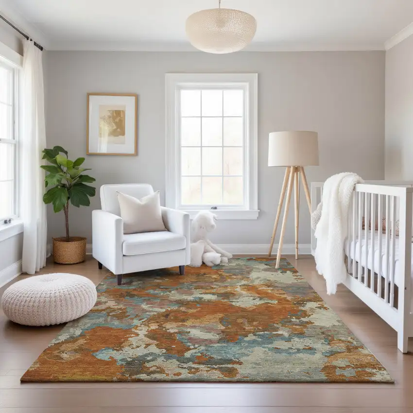 Copper Taupe And Orange Abstract Washable Area Rug With UV Protection Photo 5