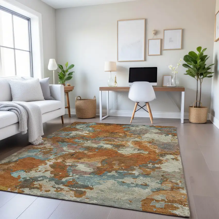 Copper Taupe And Orange Abstract Washable Area Rug With UV Protection Photo 4