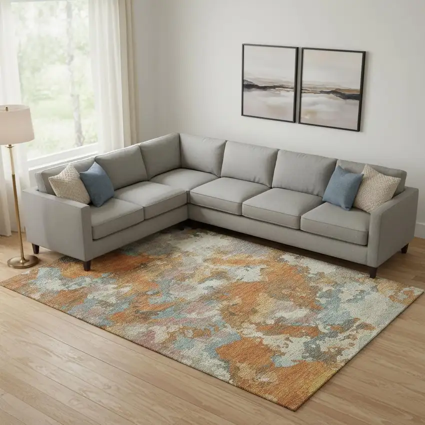 Copper Taupe And Orange Abstract Washable Area Rug With UV Protection Photo 2