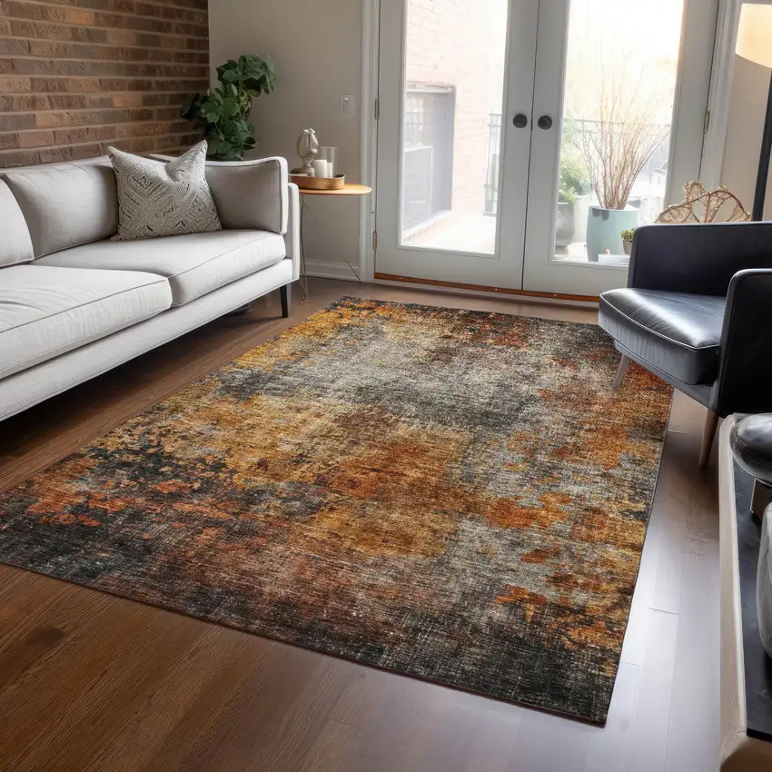 Copper Terra Cotta And Black Abstract Washable Indoor Outdoor Area Rug Photo 9