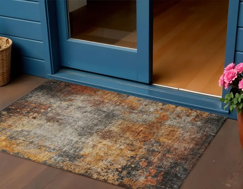 Copper Terra Cotta And Black Abstract Washable Indoor Outdoor Area Rug Photo 1