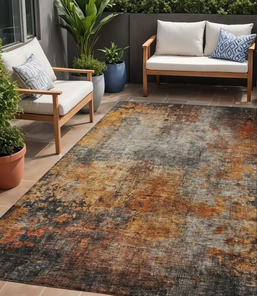 Copper Terra Cotta And Black Abstract Washable Indoor Outdoor Area Rug Photo 1
