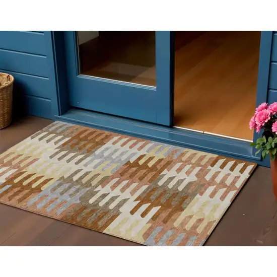 Copper Wheat And Beige Geometric Washable Indoor Outdoor Area Rug Photo 1