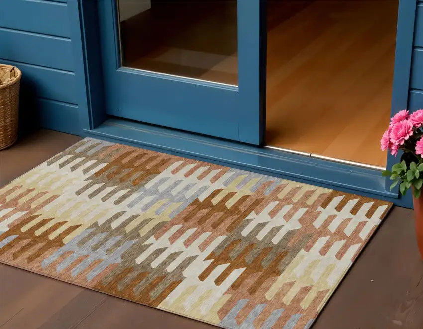 Copper Wheat And Beige Geometric Washable Indoor Outdoor Area Rug Photo 1