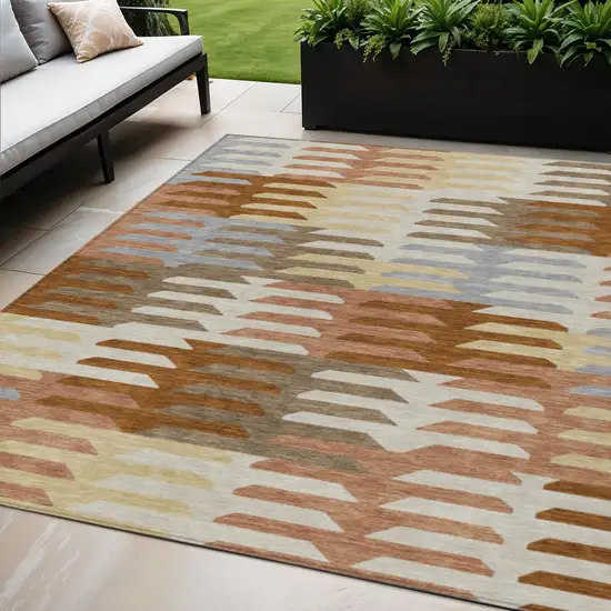 Copper Wheat And Beige Geometric Washable Indoor Outdoor Area Rug Photo 1