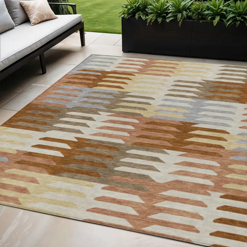 Copper Wheat And Beige Geometric Washable Indoor Outdoor Area Rug Photo 1