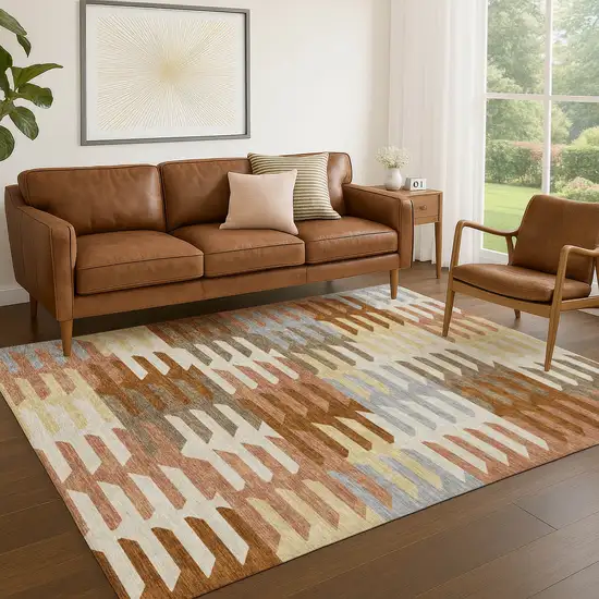 Copper Wheat And Beige Geometric Washable Indoor Outdoor Area Rug Photo 9