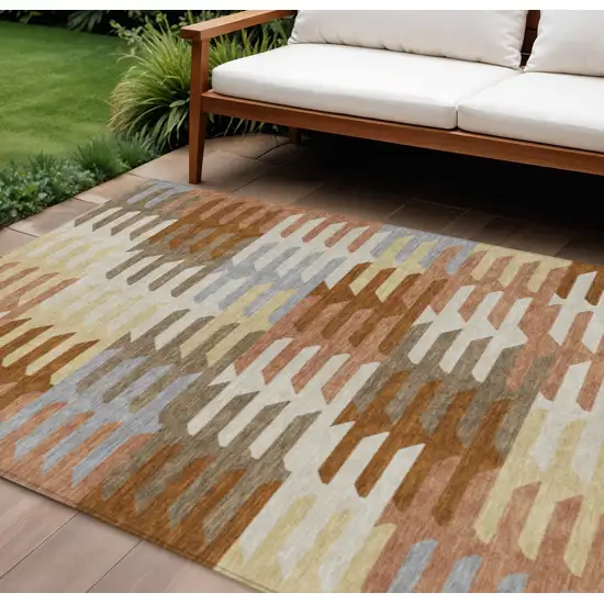 Copper Wheat And Beige Geometric Washable Indoor Outdoor Area Rug Photo 1