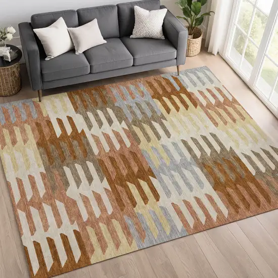 Copper Wheat And Beige Geometric Washable Indoor Outdoor Area Rug Photo 9