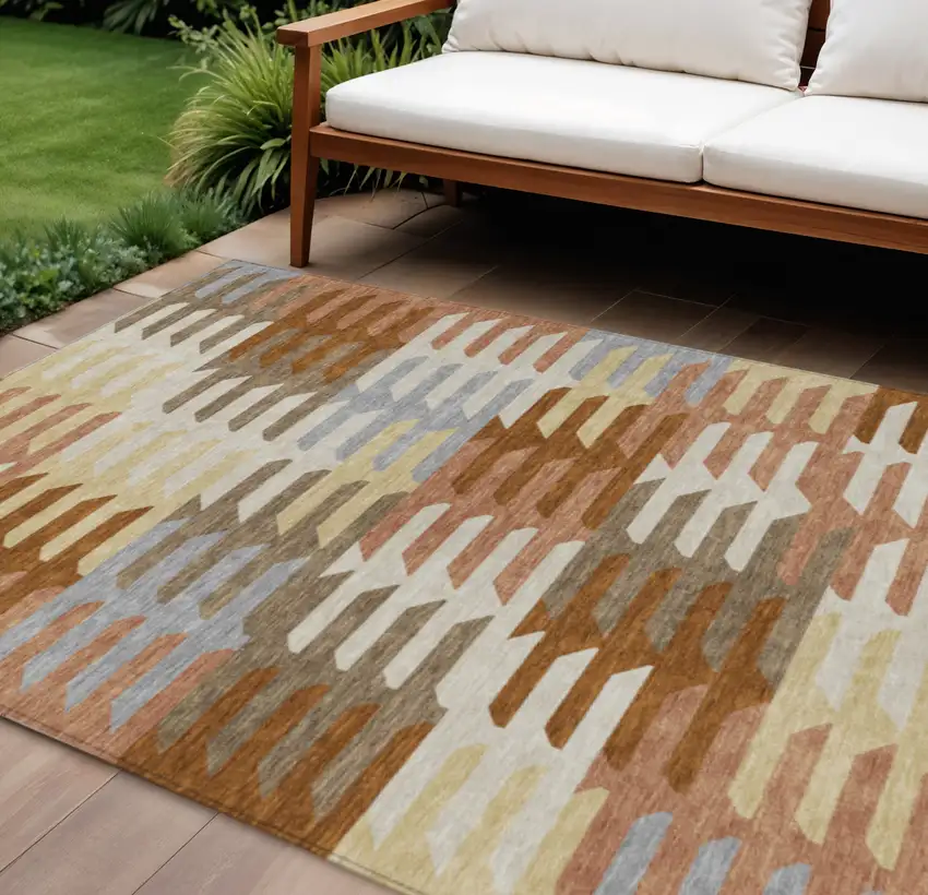 Copper Wheat And Beige Geometric Washable Indoor Outdoor Area Rug Photo 1