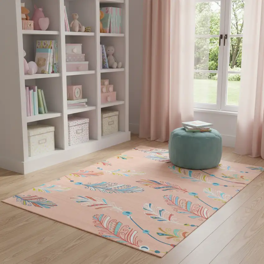 Coral And Aqua Feathers Youthful Washable Area Rug Photo 1