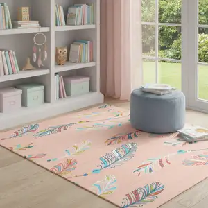 Photo of Coral And Aqua Feathers Youthful Washable Area Rug
