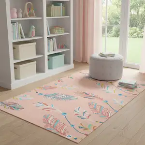 Photo of Coral And Aqua Feathers Youthful Washable Area Rug