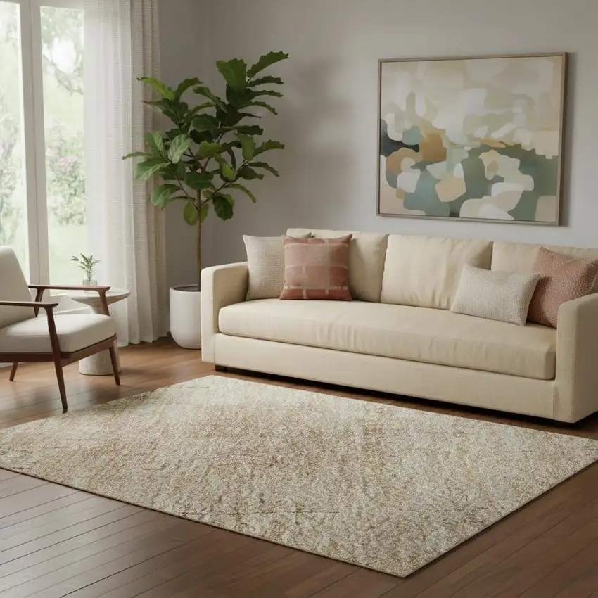 Coral And Beige Abstract Washable Area Rug With UV Protection Photo 2