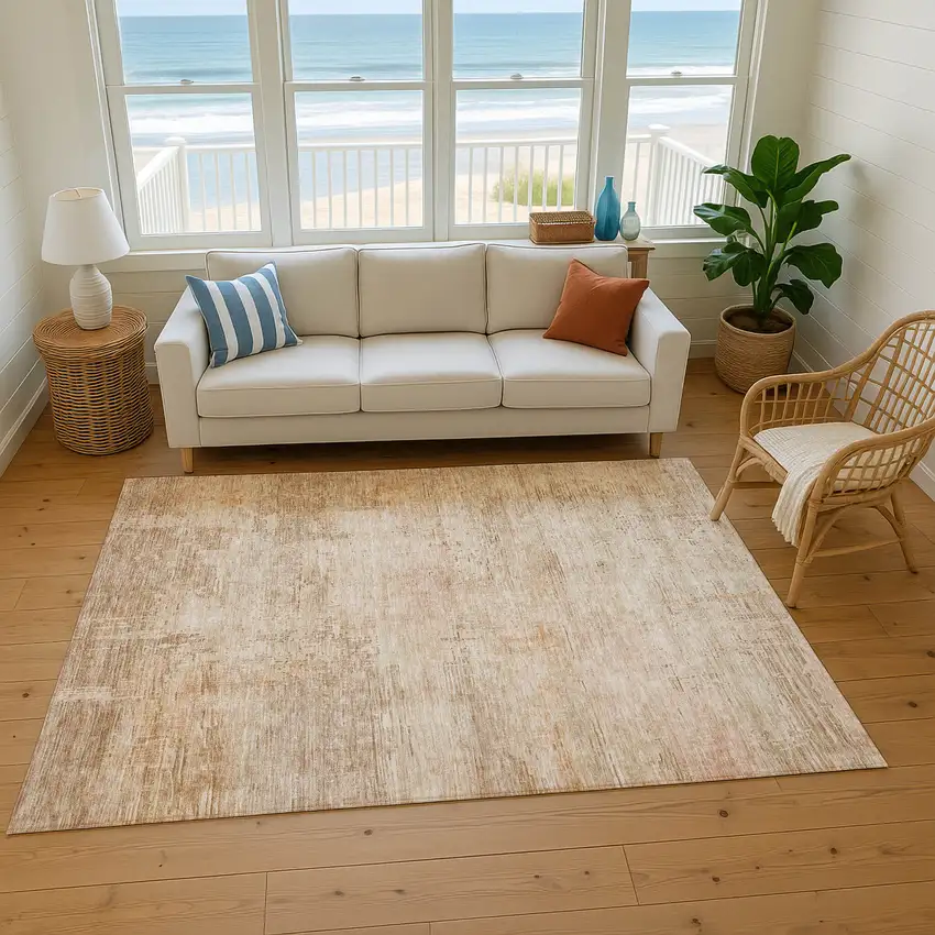 Coral And Beige Abstract Washable Area Rug With UV Protection Photo 3