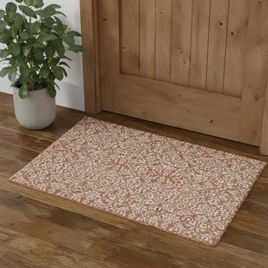 Coral And Beige Damask Washable Area Rug With UV Protection Photo 1